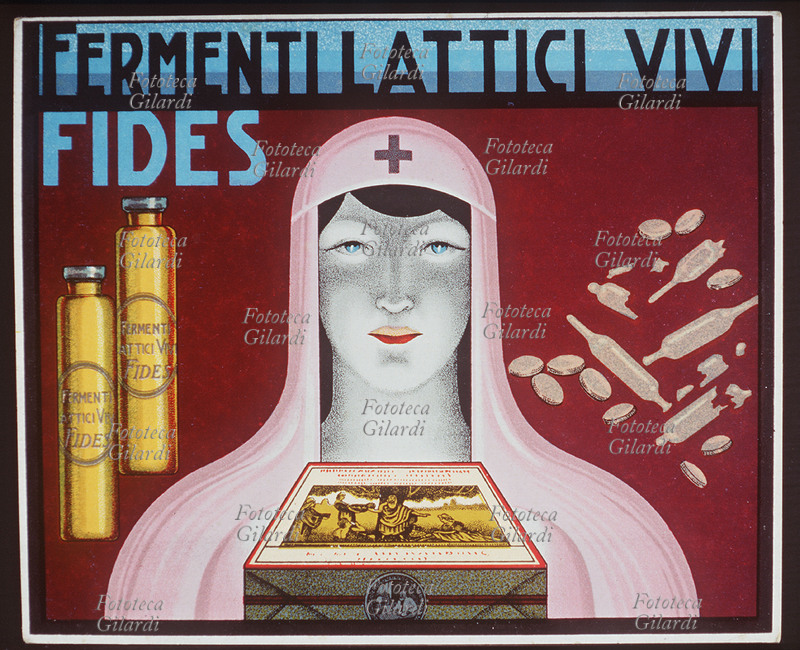 MEDICINES “alive lactic Ferments Fides”, produced from druggist house Maggioni & C. Milan. Cromolitografico advertising Cartoncino, 1932