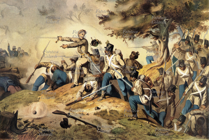 RISORGIMENTO Un episodio della Battaglia di Montebello (Pavia) 20 maggio 1859, durante la seconda guerra di indipendenza, la fanteria francese e la cavalleria sarda alleate inflissero una pesante sconfitta alle truppe austriache che furono costrette a ripiegare. Litografia, Italia XIX secolo