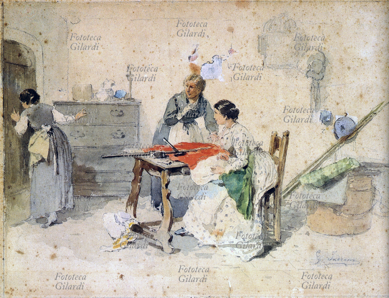 RISORGIMENTO donne intente clandestinamente alla confezione di una bandiera tricolore - Acquarello di Gerolamo Induno (1827-1890), XIX secolo