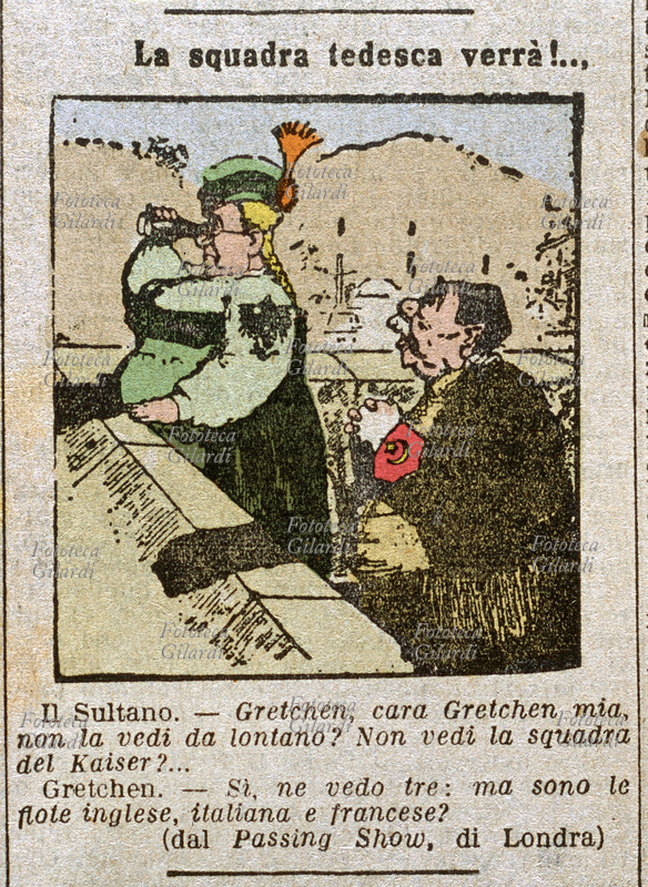 CARICATURE "The German team will be! ... The Sultan. - Gretchen, my dear Gretchen, do not you see it from afar? I do not see the team of Kaiser? ... Gretchen. - Yes, I see three: but the English fleet , Italian and French? ". In the cartoon, perched behind the walls, the turkish interrogates the German, scanning the horizon with binoculars; British satire on the expectation of the Turkish fleet of German aid, his ally (from London "Passing Show"). Exhibition of political satire and war, entitled "War in caricature", is the main Italian and foreign newspapers and published by "La Stampa", Turin 1915.
