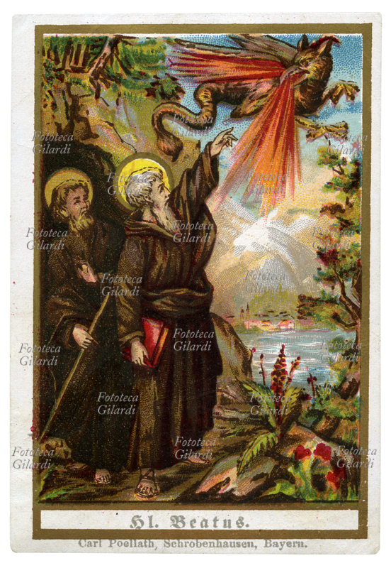 SAN BLESSED (? -112) Hermit and Apostle of Switzerland. Originally from England, he went to Rome for instruction in religion, and the apostle Peter sent him to Switzerland to devote themselves to evangelization; after years of work he wished to retire in a cave at Lake Thun, but the cave was occupied by a dragon. Blessed with a sign of the cross, drove him out of the cave, where he lived with his disciple Achates years of prayer and penance. He died in 112, 90 years old. Recurrence May 9. Immaginetta chromolithographic, Germany late nineteenth century