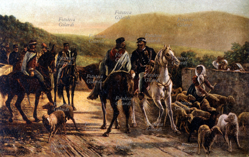 RISORGIMENTO incontro di Garibaldi e Vittorio Emanuele a Teano. Cromolitografia dal dipinto di C. Ademollo conservato a Napoli, Galleria di Capodimonte. Pubblicazione ufficiale del comitato per le onoranze a Garibaldi. Ediz. Caminada, Eliotipia Berardi, Milano 1910.