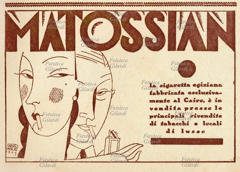 FUMO annuncio pubblicitario per le sigarette Matossian, di Erberto Carboni (1899-1984), designer grafico, cartellonista e illustratore. Italia 1929