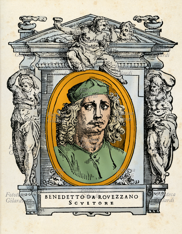 BENEDETTO DA ROVEZZANO (1474 - 1554 circa), nome col quale è meglio noto Benedetto Grazzini, scultore e architetto italiano. Il ritratto in ovale è racchiuso in una cornice decorata con figure allegoriche e strumenti delle arti. Illustrazione colorizzata su base xilografica del XVI secolo, dal trattato \