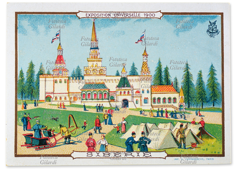 ESPOSIZIONE Universale-Siberia, padiglione che rappresenta la nazione in fiera. Da una serie di piccole cromolitografie dedicate a ciascuno dei padiglioni dell\