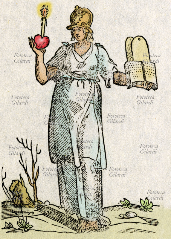 ALLEGORIA della Fede Cattolica, giovane donna in veste bianca ed elmo sul capo, tiene nella mano destra una candela accesa e un cuore, nella sinistra le tavole del decalogo e un libro aperto. Incisione da \