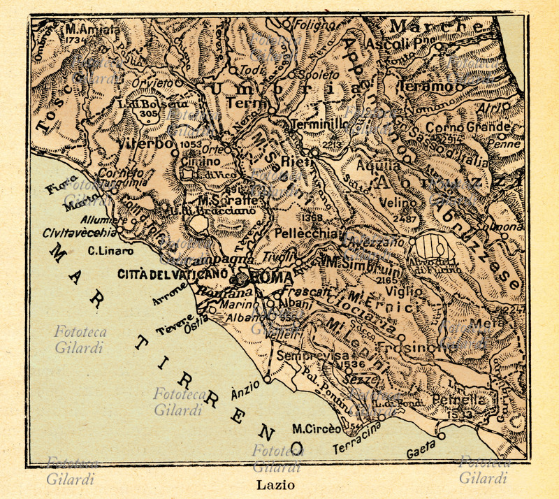 CARTOGRAFIA mappa politica del Lazio da volume didattico divulgativo per ragazzi. Le città di Latina, Aprilia, Sabaudia non sono ancora state fondate e non sono ancora state bonificate le Paludi Pontine. Italia 1915 circa