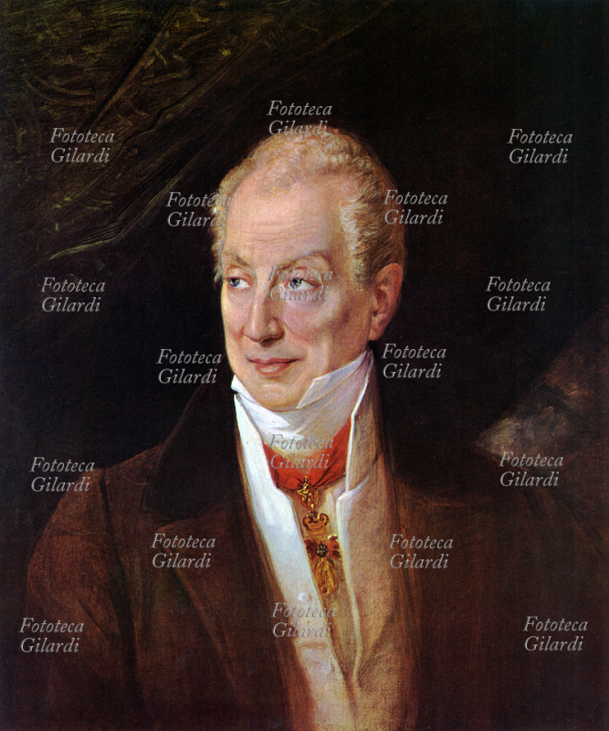 Klemens von METTERNICH (15 maggio 1773 – 11 giugno 1859) diplomatico e politico austriaco, dal 1821 cancelliere di Stato, ritratto in una stampa da dipinto di Ludovico Lipparini (17 febbraio 1800 – 19 marzo 1856), Italia XIX sec.