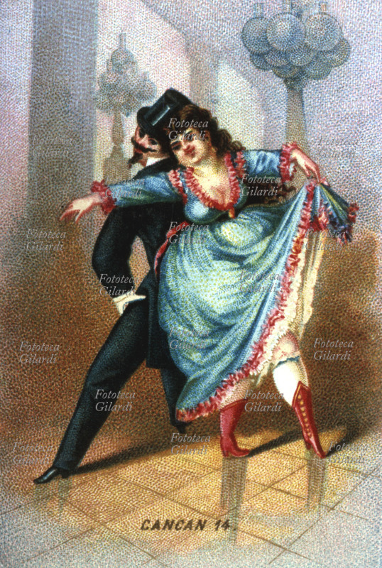 BALLO Coppia di ballerini danzano il Cancan, ballo simbolo della Belle Epoque parigina. Cromolitografia, XIX secolo.