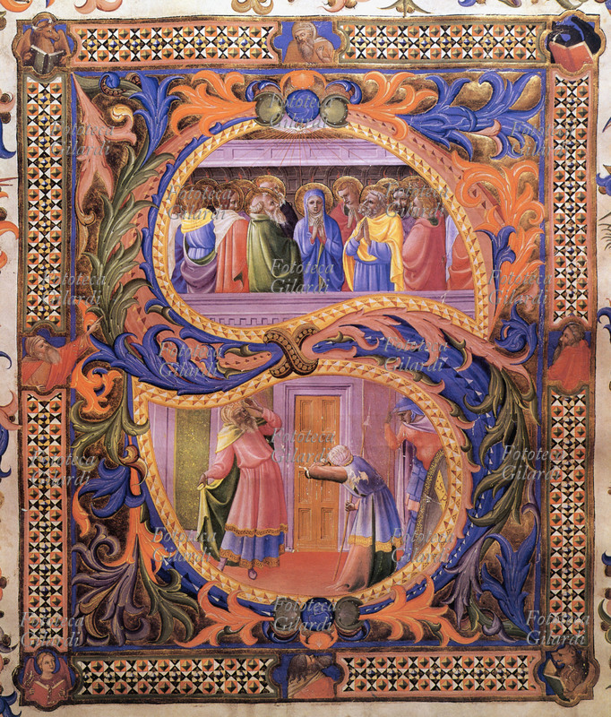 PENTECOSTE Iniziale con i simboli evangelici ed altre figure umane che assistono alla scena della discesa dello Spirito Santo nel giorno di Pentecoste. Dettaglio di un foglio del \