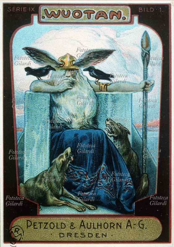WOTAN Il dio vichingo brandisce Gungnir, la sua lancia, seduto in trono accanto ai lupi Geri e Freki, con i corvi Huginn e Muninn sulle spalle. Cromolitografia di Petzold & Aulhorn A.-G., serie IX, figura 1. Dresda, XIX secolo.