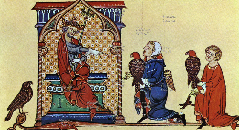 FEDERICO II di Svevia (1194-1250) del casato di Hohenstaufen. Federico riceve i falconieri. La caccia al falcone era uno dei passatempi preferiti di Federico II così come lo era per la maggior parte dei nobili dell\