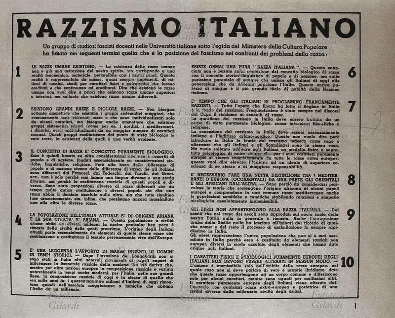 FASCISMO ANTISEMITISMO Il Manifesto del razzismo italiano, elaborato in 10 punti e sottoscritto da un gruppo di docenti universitari, sotto l\