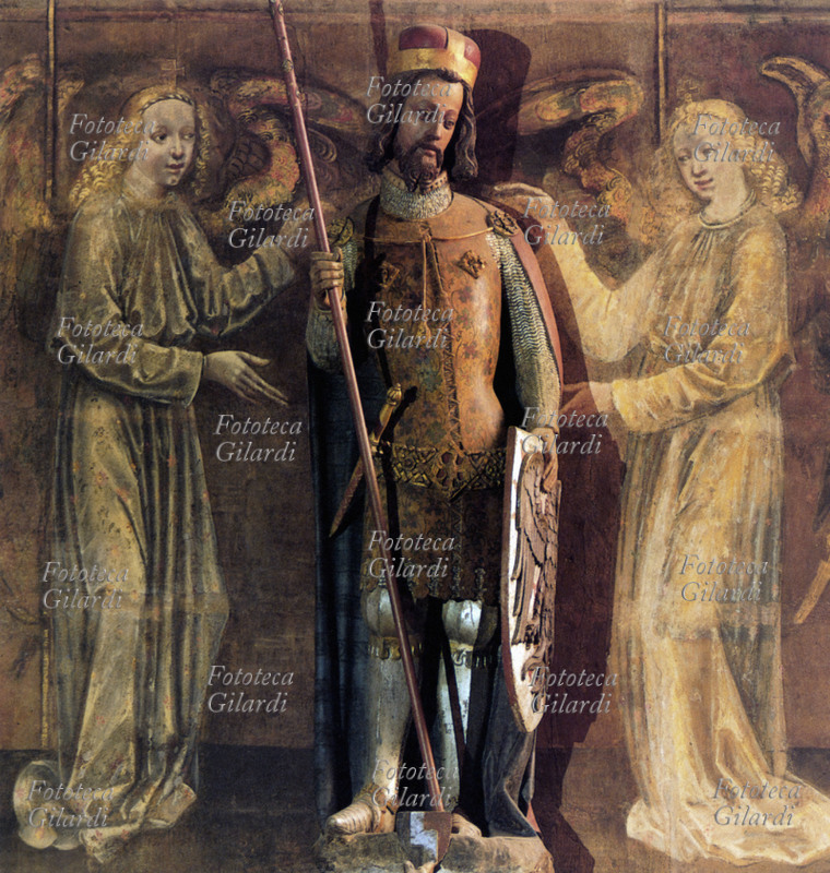 SAN VENCESLAO (907-935) accompagnato da due angeli. Scultura e affresco nella Cappella di San Venceslao della Cattedrale di San Vito a Praga, XIV secolo