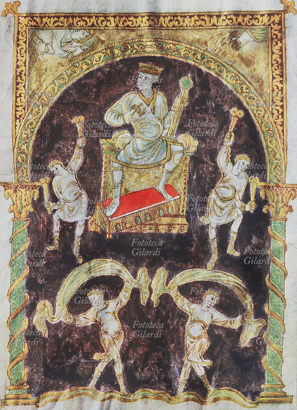DAVIDE compone i salmi circondato da musici. Miniatura da Psalterium aureum, Ms. Codex 22, IX secolo.
