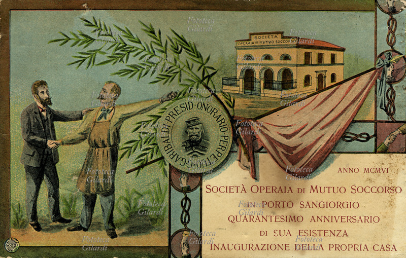 PREVIDENZA SOCIALE Società Operaia di Mutuo Soccorso in Porto San Giorgio, cartolina allegorica commemorativa edita in occasione dell\