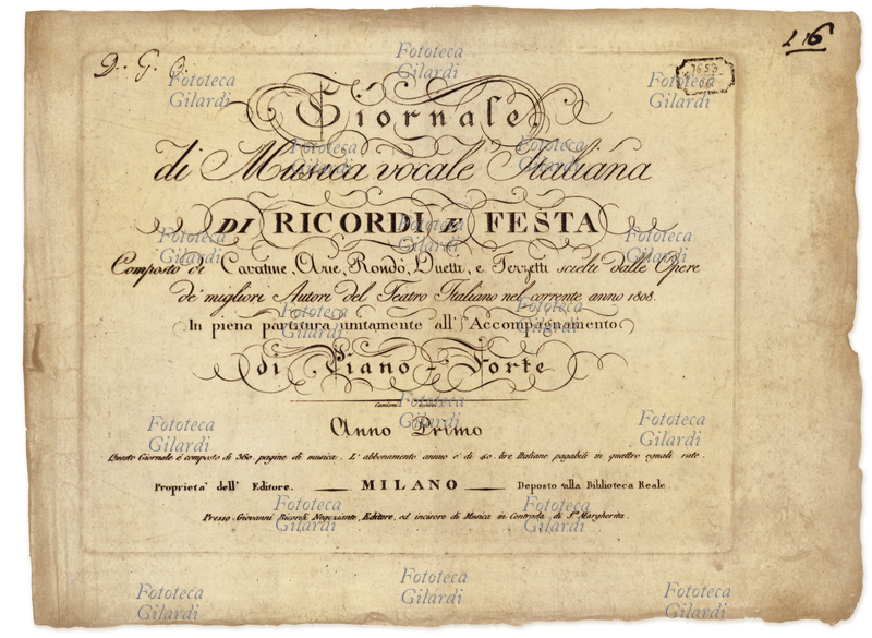 CANZONE Giornale di musica vocale italiana a cura di Ricordi e Festa. La casa editrice che lo pubblicava venne fondata da Giovanni Ricordi il 16 gennaio 1808, in società con Felice Festa per dar vita ad una stamperia di musica. Questo giornale fu uno dei primi prodotti editati, uscito già nel 1808 in Italia