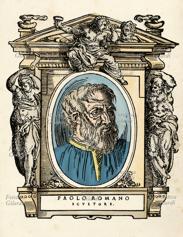 Paolo ROMANO (1431 - 1505, date incerte), scultore e orafo italiano del Rinascimento, attivo in Roma nel XV secolo sotto i papi Pio II, Paolo II e Sisto IV. Illustrazione colorizzata su base xilografica del XVI secolo, dal trattato \