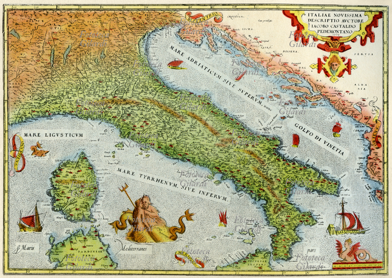 ITALIA Nel mare Tirreno sono raffigurati due grossi tritoni, creature marine; carta geografica da Jacopo Castaldi, 1573 riprodotta in una stampa fac-simile del XIX secolo