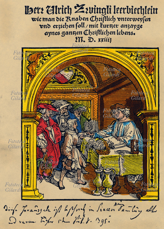 Huldrych ZWINGLI (1º gennaio 1484 – 11 ottobre 1531), teologo e militare elvetico, uno dei fondatori delle Chiese riformate svizzere. Frontespizio dell\