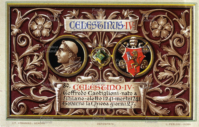 PAPA CELESTINO IV Goffredo Castiglioni, nato a Milano, eletto nel 1241, morto nel 1241. Governò la Chiesa per 27 giorni. Da serie cromolitografica dedicata a Papa Pio X e da Lui benedetta. Roma, 1903.
