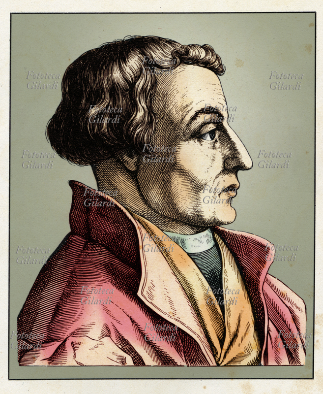 Martin BUCER (1491 - 1551), teologo riformatore tedesco. Ritratto, versione colorata di una incisione di Hugo Bürkner (1818-1897), Germania 1854