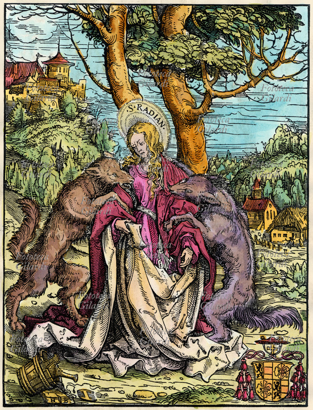 Hans BURGHMAIR (1473-1531) Santa Radegonda e i lupi, xilografia acquerellata, Germania XVI secolo