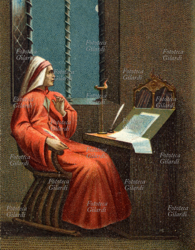 Dante Alighieri (May 14/June 13, 1265 – night between September 13 and 14, 1321) The Supreme Poet, writer, and Florentine politician, at his writing desk in exile, seeks inspiration in the night sky. Detail of a chromolithograph from a series of postcards on the Divine Comedy by Egisto Sborgi Editore (complete and details under research by Sborgi), Florence, circa 1918.