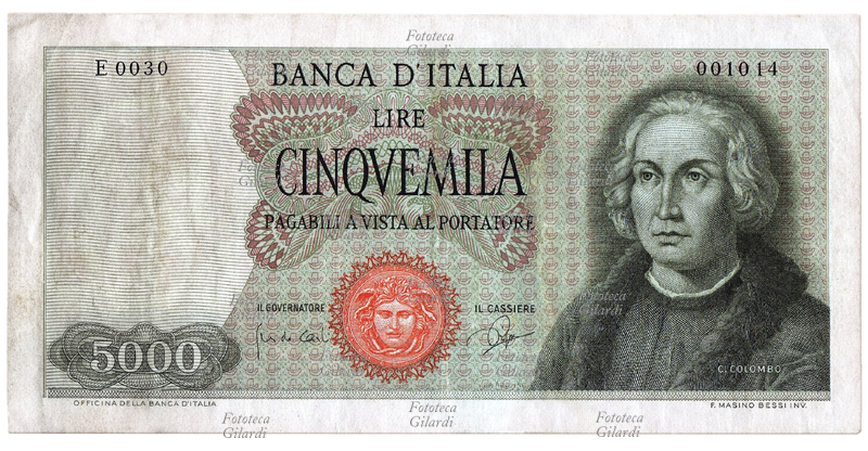 MONETE banconota da Lire cinquemila 5.000 - fronte con ritratto di Cristoforo Colombo, prima versione, emessa dal 1964 al 1971