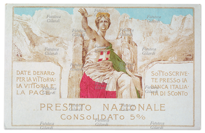ITALIA Cartolina postale di propaganda per il Prestito Nazionale, Branca Italia di Sconto, Cromolitografia 1915 - 1918