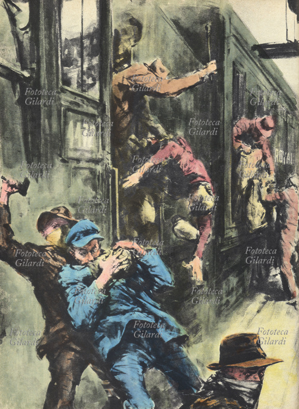 RAPINA al treno Glasgow-Londra. I rapinatori, con i visi mascherati da un bavaglio, aggrediscono il macchinista costringendolo poi a staccare i vagoni postali che contenevano i valori e a partire con il resto del convoglio. Illustrazione tratta da popolare settimanale di cronaca, Regno Unito 1963.