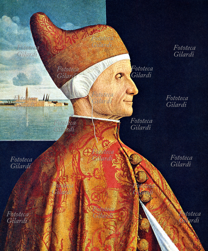 Leonardo LOREDAN (1501-1531) Doge di Venezia. Ritratto di profilo con abito e copricapo rosso damascato d\
