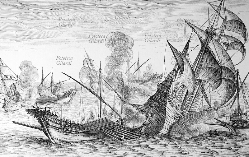 FERDINANDO I de Medici (1587-1609) battaglia navale. Acquaforte di Jacques Callot (1592 – 1635). Francia, 1602.