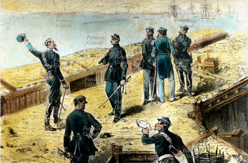 RISORGIMENTO Assedio di Gaeta, Francesco II visita la batteria dei mercenari svizzeri ed esamina le posizioni piemontesi. Italia 1861