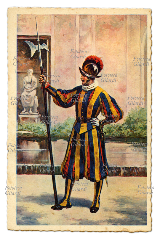 VATICANO Guardia Svizzera in Tenuta di mezza gala. Cartolina postale fotolitografica, 1947 circa