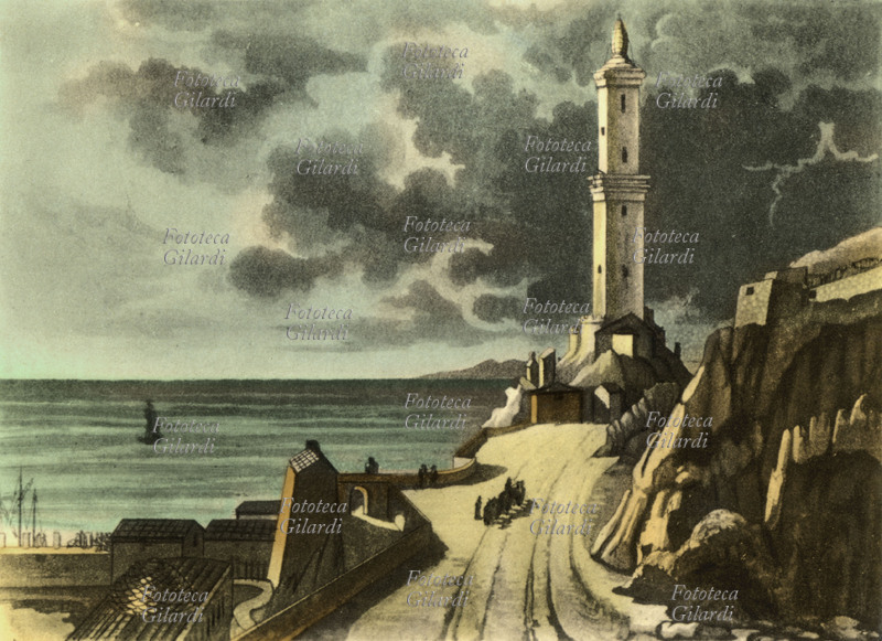 GENOVA Veduta della lanterna dalla strada tra Genova e Sanpierdarena. Stampa litografica, 1830 circa