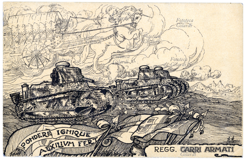 MILITARI Reggimento carri armati, 1° squadriglia autoblindo. Due cingolati avanzano incalzati dallo spirito di un carro falcato romano; sulle bandiere italiane spicca il motto: PONDERE IGNIQUE AUXILIUM FERT. Cartolina postale celebrativa dell\