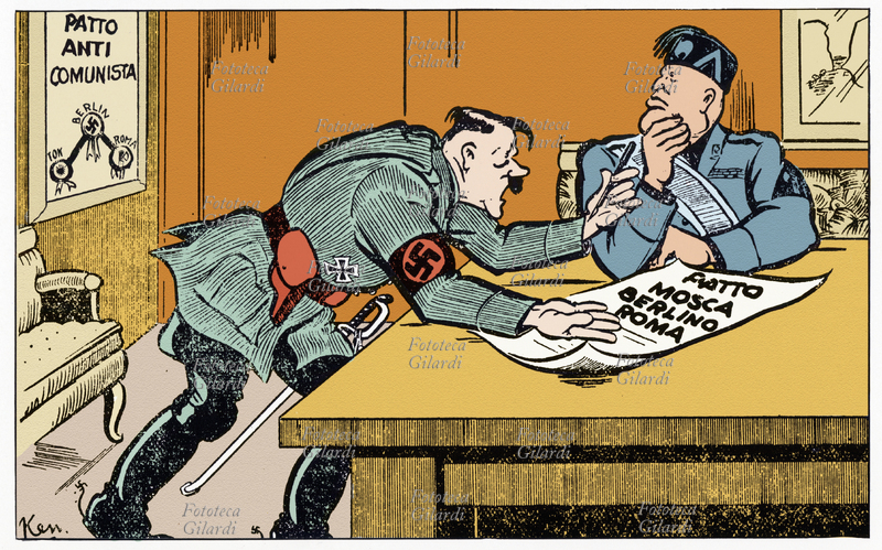 Benito MUSSOLINI (1883-1945) Caricature: Hitler to Mussolini in front of the paper of the Moscow - Berlin - Rome pact: «No, don\