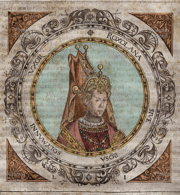 Hürrem Sultan (Karima, al secolo Alexandra Anastasia Lisowska) in Europa conosciuta come Roxelana, (1500 - 1558) concubina ottomana e moglie di Solimano il Magnifico, Colorazione CG di ritratto in xilografia del XVI secolo