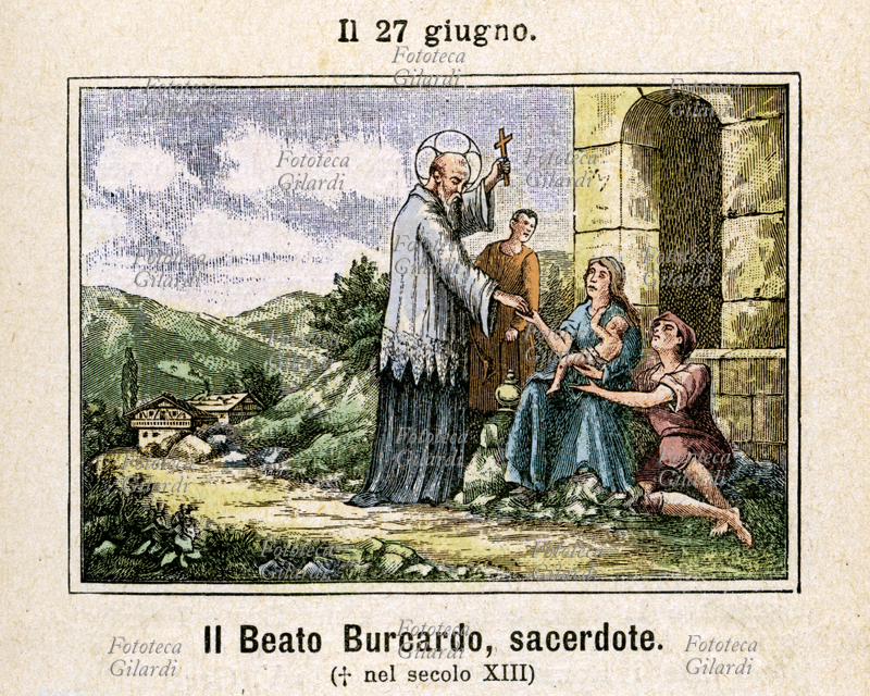 Beato BURCARDO di Beinwil (? - 1192 circa), Sacerdote. Parroco amorevole del villaggio di Beinwil, morì in fama di santità. Commemorazione il 27 giugno, Incisione colorata, Italia 1886