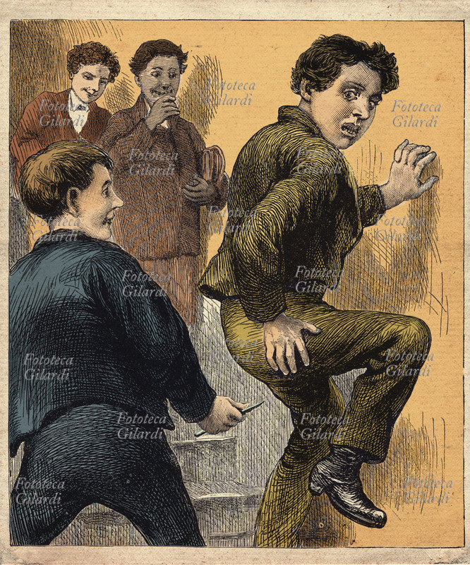 VIOLENZA Litigio tra compagni di scuola, uno dei due ha in mano un temperino tagliente e minaccia il coetaneo. Incisione della metà del XIX secolo.