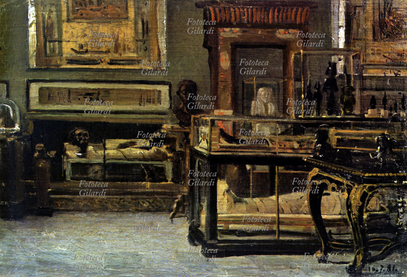 ARCHEOLOGIA Veduta interna del Museo Egizio di Torino. Si possono vedere alcuni degli antichi oggetti esposti e due vetrine contenenti mummie e resti di sarcofagi. Dipinto di Lorenzo Delleani, 1881