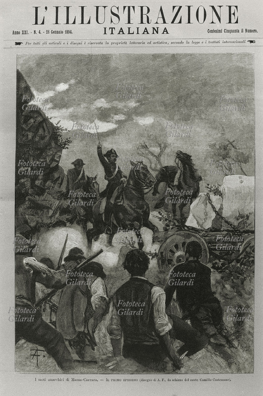 STORIA DEL MOVIMENTO OPERAIO repressione dei moti anarchici a Massa-Carrara (Lunigiana). Disegno di A.F. da schizzo dal vero del Conte Camillo Castracane, incisione per la copertina de \