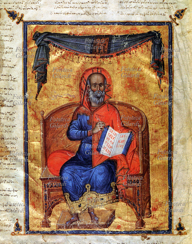 IPPOCRATE (460-375 a.C.) fondatore della medicina greca, raffigurato mentre tiene aperto sulle ginocchia il libro \