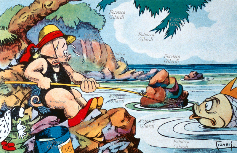 SPORT pesca. Porcellino antropomorfo pesca un enorme pescione aggressivo; il maialino, in difficoltà, è incitato da un grillo. Cartolina "Vitt" serie IV, disegno di Sebastiano Craveri (30 marzo 1899 – 25 ottobre 1973). Illustrazione da "Il Vittorioso", periodico per ragazzi edito in Italia dalla Casa editrice A.V.E. tra gli anni 1937-70.