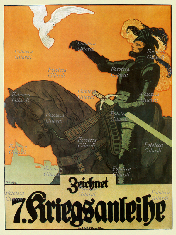 PRIMA GUERRA MONDIALE Manifesto di propaganda a favore del 7° Prestito Nazionale. Un cavaliere invita la popolazione a sottoscrivere accogliendo su una mano una colomba bianca della pace. Illustrazione di Adolf Karpellus, Germania 1918 circa