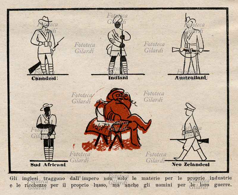 WHY FIGHT THE ENGLISH scheme that is at the center of the stereotypical fat English dominant sitting comfortably to develop strategies, surrounded by colonial peoples armed for battle: "Canadians, Indians, Australians, South Africans, New Zealanders: the British empire not draw only the materials for their own industries and wealth for its luxury, but also men for their wars. " Illustration caricature from brochure "Perché combatti (Why fight)", created and disseminated by the press and propaganda of the National Fascist Party (see also # 36798, # 36090 - # 36098, # 16310, # 16311), Rome 1940.