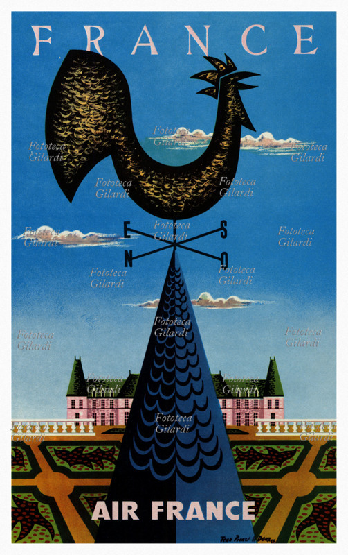 AVIAZIONE TURISMO Manifesto pubblicitario delle linee aeree Air France. Il galletto, simbolo francese, rappresentato per l\