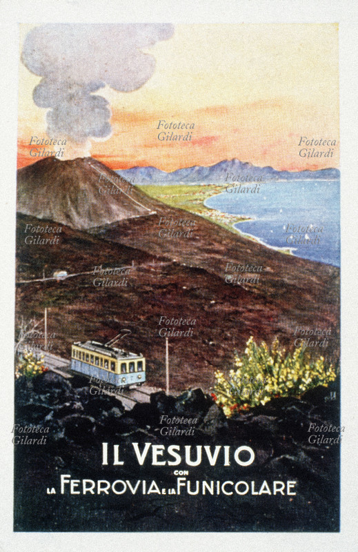 NAPOLI il Vesuvio con la ferrovia e la funicolare, locandina turistica 1905 circa