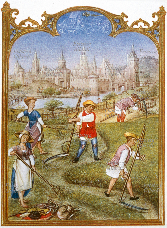 GIUGNO Scena di falciatura del fieno, gli uomini sfalciano (uno affila l\